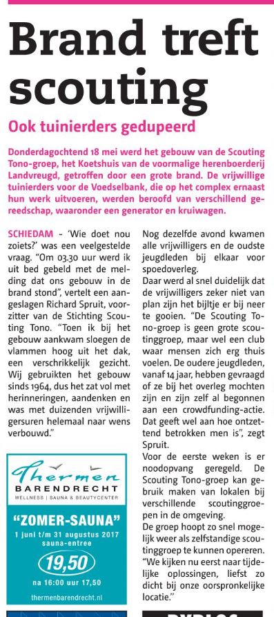 Op de voorpagina van het Nieuwe Stadslad het bericht dat het gebouw van de Scouting Tono-groep is afgebrand